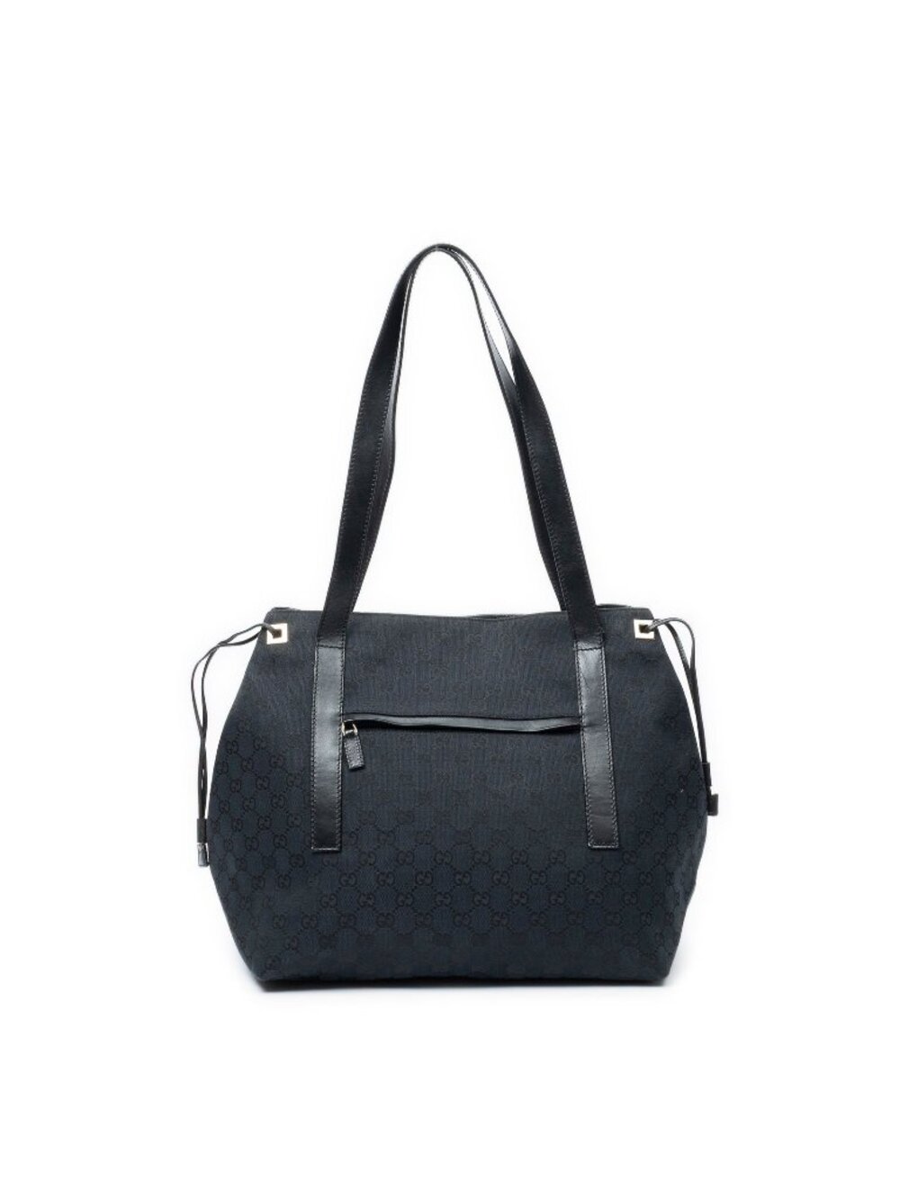 Gucci Side Drawstring Shopping Tote Bag Black GG Canvas